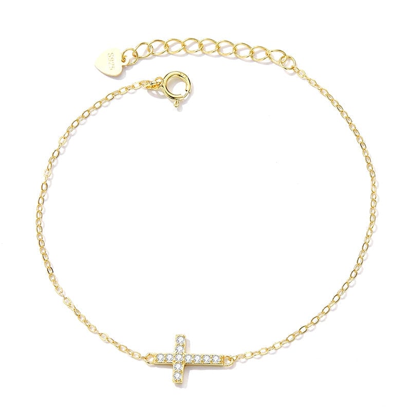 Bracelet avec Croix <titolo_esteso><span>en argent 925 plaqué or jaune ajustable avec zircons blanc</span></titolo_esteso>