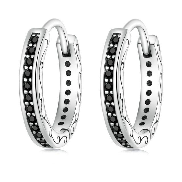 Boucles d’Oreilles Créoles Noirs <titolo_esteso><span>en argent 925 plaqué or blanc avec zircons noirs</span></titolo_esteso>