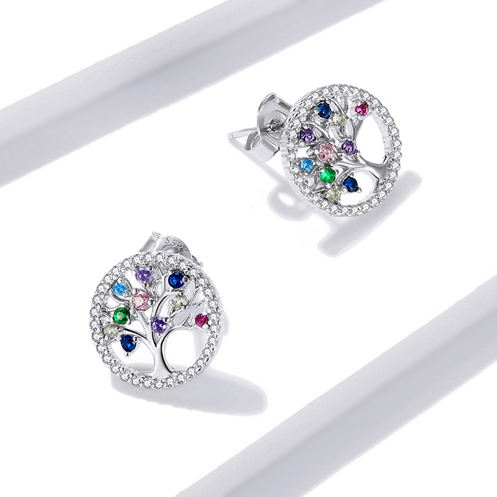 Boucles d’Oreilles Arbre de Vie <myopt><span>Puces en Argent Sterling 925 plaqué or blanc avec pavé de zircons colorés</span></myopt> - Image 4