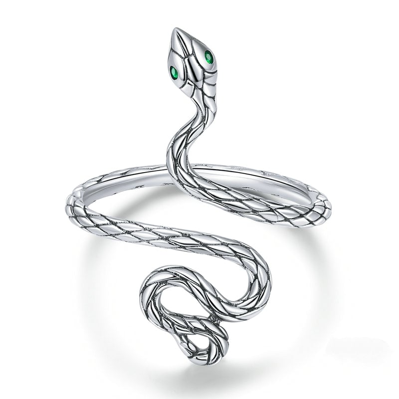 Bague Serpent Python <titolo_esteso><span>en argent 925 plaqué or blanc ajustable avec yeux en zircon vert</span></titolo_esteso>