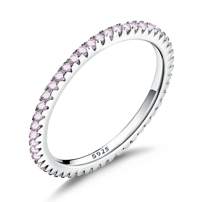 Bague d'Éternité Fine <titolo_esteso><span>en argent 925 plaqué or blanc avec zircons roses</span></titolo_esteso>