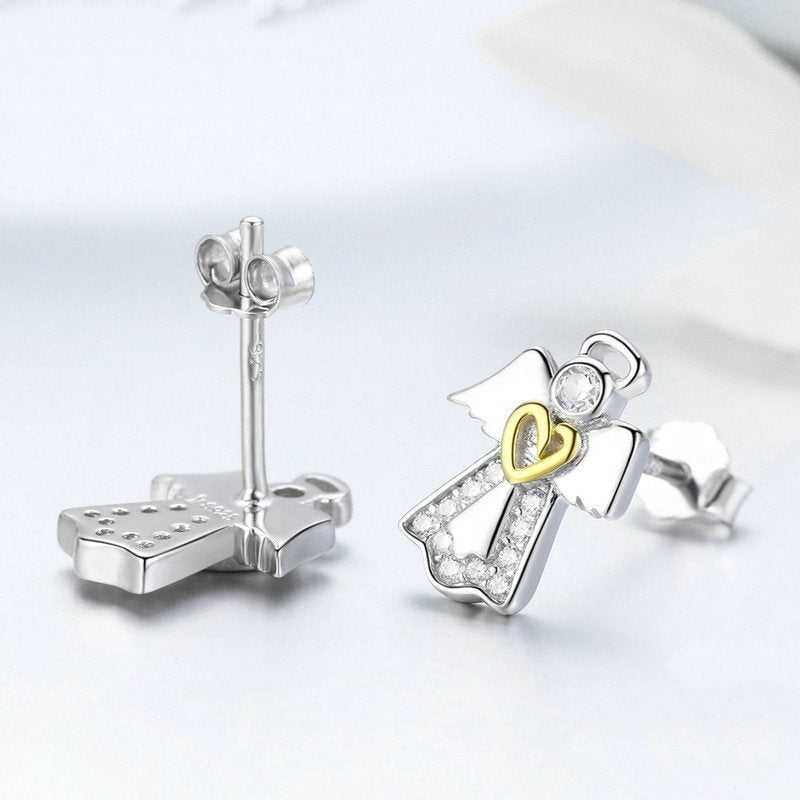 Boucles d'oreilles Ange Gardien <titolo_esteso><span>en argent 925 avec pavé de zircons blancs et cœur plaqué or jaune</span></titolo_esteso> - Image 5