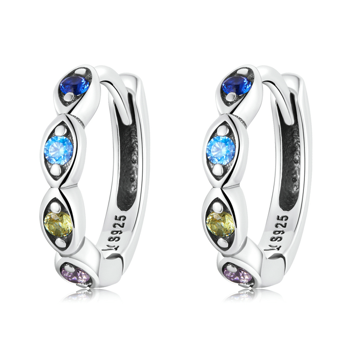 Boucles d’Oreilles Créoles Yeux Protecteurs <titolo_esteso><span>en argent 925 plaqué or blanc avec zircons colorés</span></titolo_esteso>