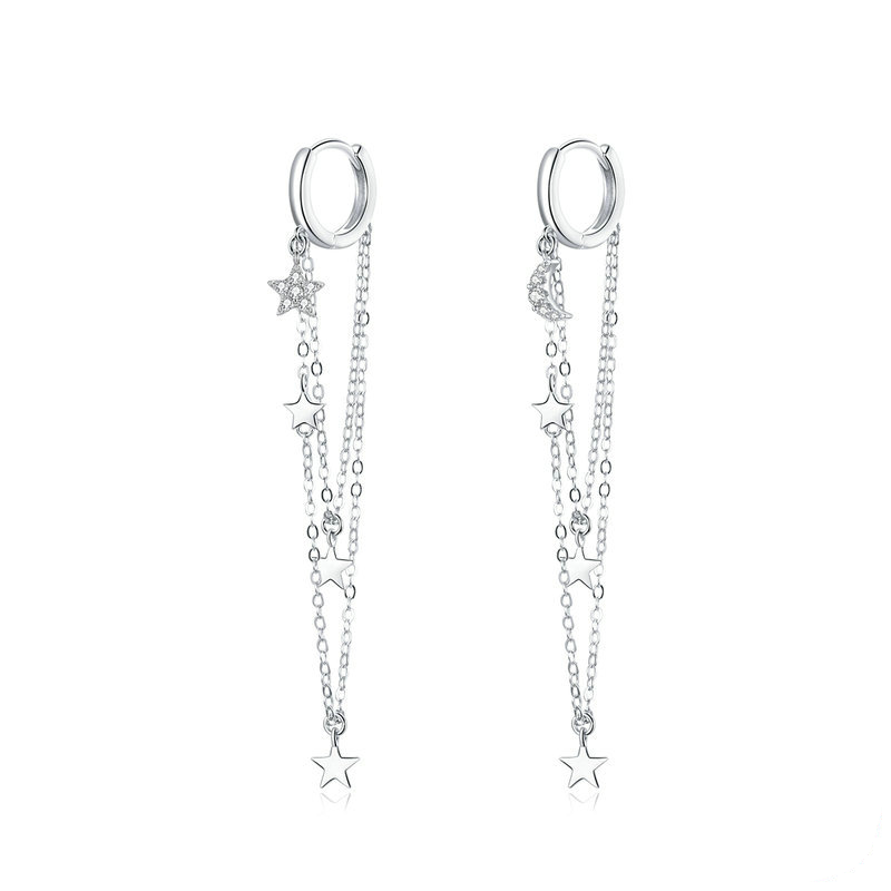 Boucles d'Oreilles Créoles Pendentif Étoiles <titolo_esteso><span>en argent 925 plaqué or blanc avec zircons blancs</span></titolo_esteso>