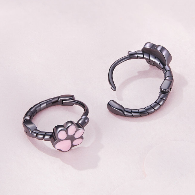 Boucles d’Oreilles Créoles Pattes de Chat <titolo_esteso><span>en argent 925 plaqué noir émaillé rose</span></titolo_esteso> - Image 4