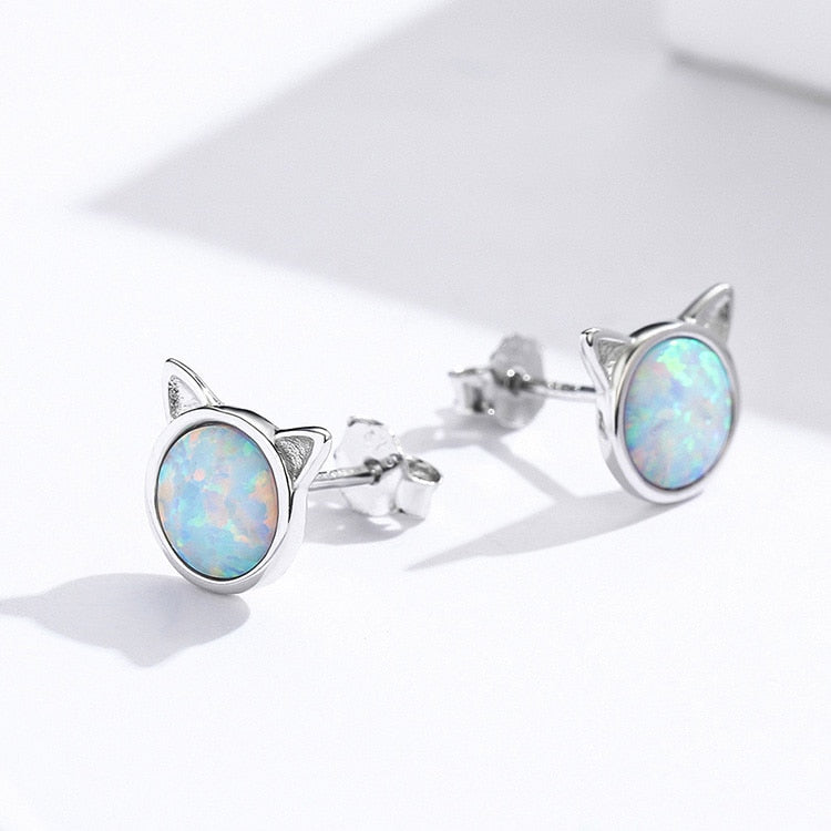 Boucles d'Oreilles Chats <titolo_esteso><span>en argent 925 plaqué or blanc avec opales</span></titolo_esteso> - Image 4