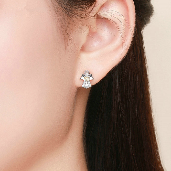 Boucles d'oreilles Ange Gardien <titolo_esteso><span>en argent 925 avec pavé de zircons blancs et cœur plaqué or jaune</span></titolo_esteso> - Image 2