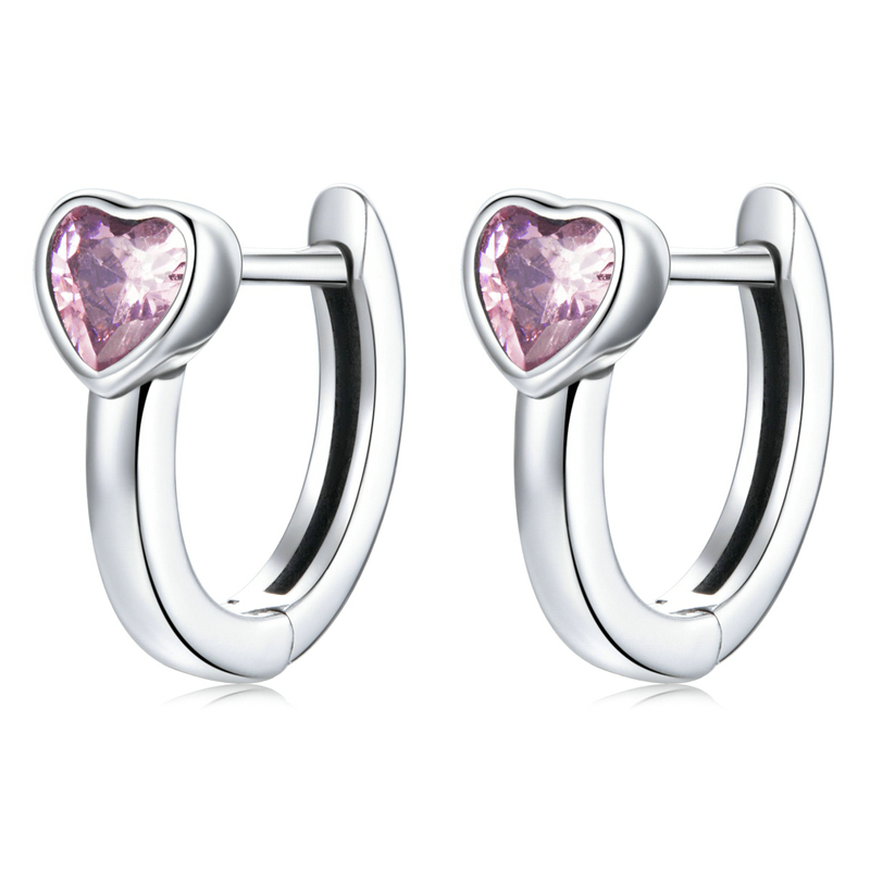 Boucles d'Oreilles Créoles Coeurs <titolo_esteso><span>en argent 925 plaqué or blanc avec zircons roses</span></titolo_esteso>