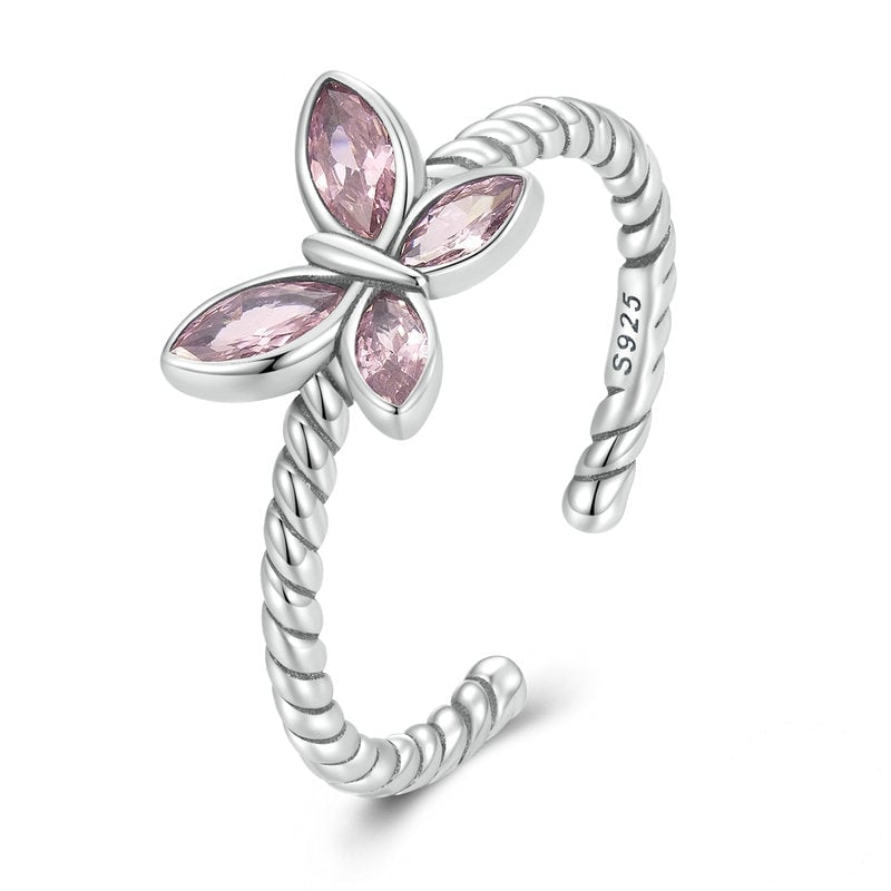 Bague Papillon Rose <titolo_esteso><span>en argent 925 plaqué or blanc ajustable avec zircons roses</span></titolo_esteso>