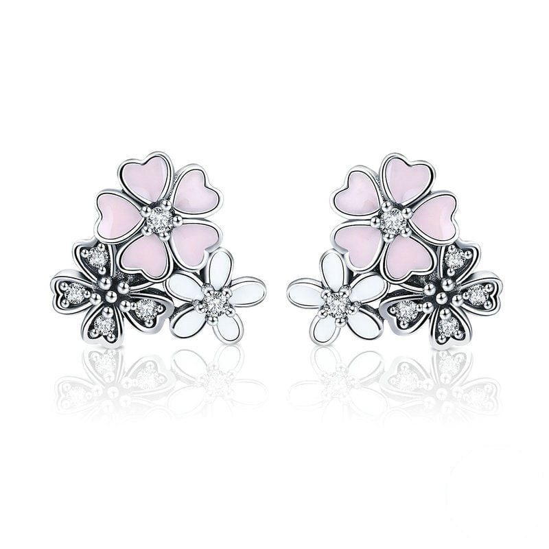 Boucles d'Oreilles Fleurs <titolo_esteso><span>en argent 925 plaqué or blanc émaillé à la main avec zircons blancs</span></titolo_esteso>