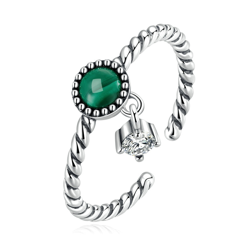 Bague Malachite <titolo_esteso><span>en argent 925 plaqué or blanc ajustable avec pendentif zircon blanc</span></titolo_esteso>