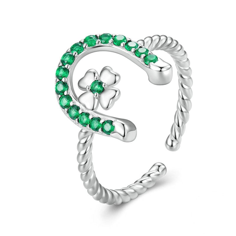 Bague Porte-Bonheur <titolo_esteso><span>en argent 925 plaqué or blanc ajustable avec zircons verts</span></titolo_esteso>