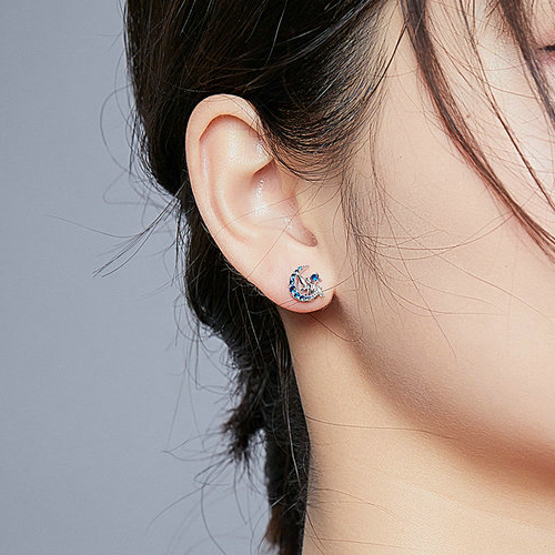 Boucles d’Oreilles Fée sur la Lune <myopt><span>Puces en Argent Sterling 925 plaqué or blanc avec zircons bleus</span></myopt> - Image 2