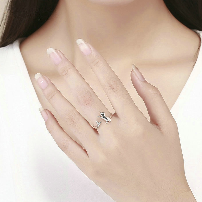 Bague Chat avec Papillon <titolo_esteso><span>en argent 925 plaqué or blanc ajustable</span></titolo_esteso> - Image 2