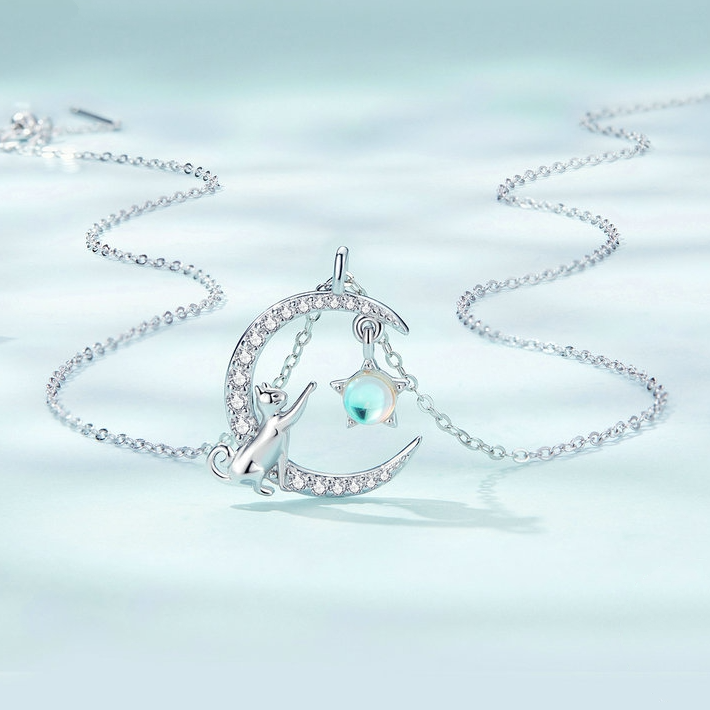 Collier Lune avec Chat et Étoile <myopt><span>Argent Sterling 925 plaqué or blanc avec pavé de zircons blancs et pierre de lune</span></myopt> - Image 3