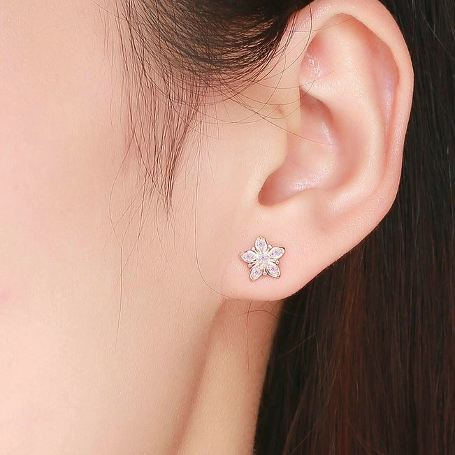 Boucles d’Oreilles Fleurs Brillantes <myopt><span>Puces en Argent Sterling 925 plaqué or rose avec zircons roses</span></myopt> - Image 2