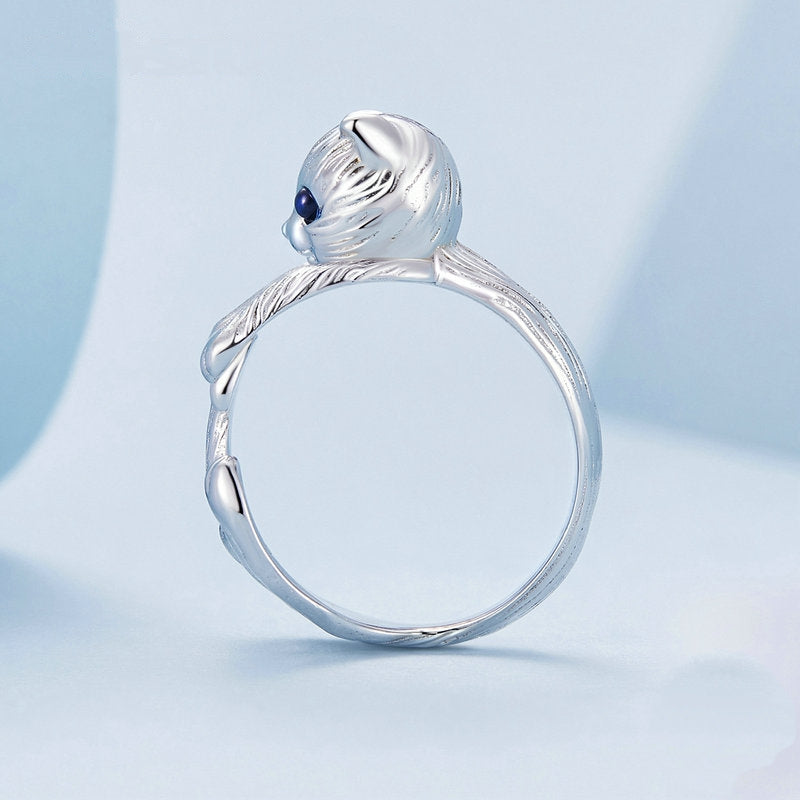 [OOS] Bague Chat en argent 925 plaqué or blanc ajustable avec des yeux en zircon bleu et des détails gravés à la main - Photo 5