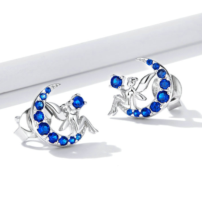 Boucles d’Oreilles Fée sur la Lune <myopt><span>Puces en Argent Sterling 925 plaqué or blanc avec zircons bleus</span></myopt> - Image 4