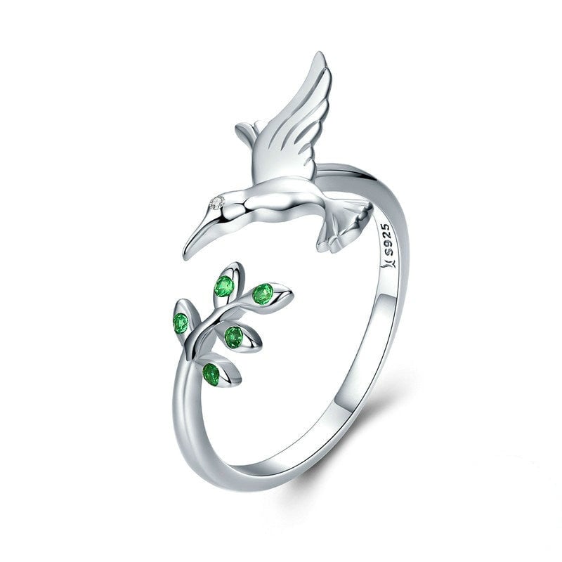 Bague Colibri <titolo_esteso><span>en argent 925 plaqué or blanc avec zircons verts ajustable</span></titolo_esteso>