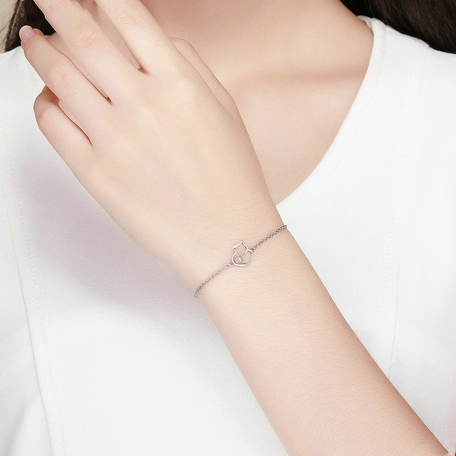 Bracelet Chat avec Coeur <titolo_esteso><span>en argent 925 plaqué or blanc avec fermoir ajustable</span></titolo_esteso> - Image 2