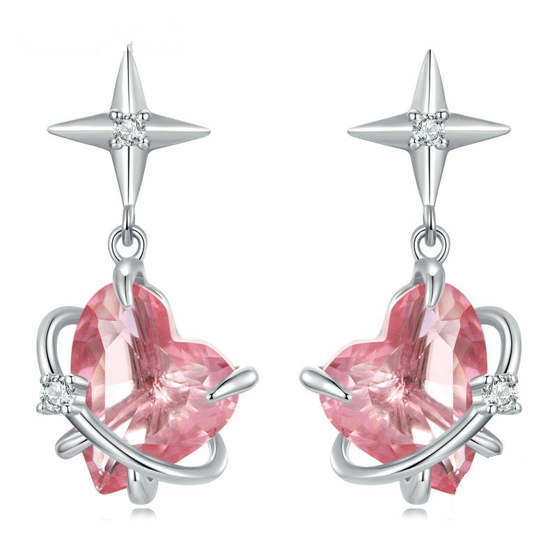Boucles d'Oreilles Coeurs et Étoiles <titolo_esteso><span>en argent 925 plaqué or blanc avec zircons roses et blancs</span></titolo_esteso>