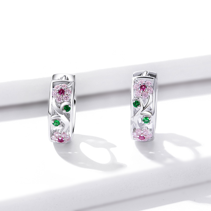 Boucles d’Oreilles Créoles Fleurs Brillantes <myopt><span>Argent Sterling 925 plaqué or blanc avec zircons colorés</span></myopt> - Image 3