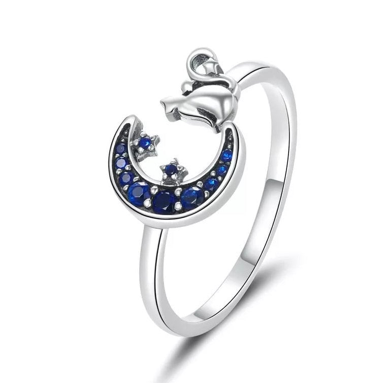 Bague Chat avec Lune <titolo_esteso><span>en argent 925 plaqué or blanc ajustable avec zircons bleus</span></titolo_esteso>