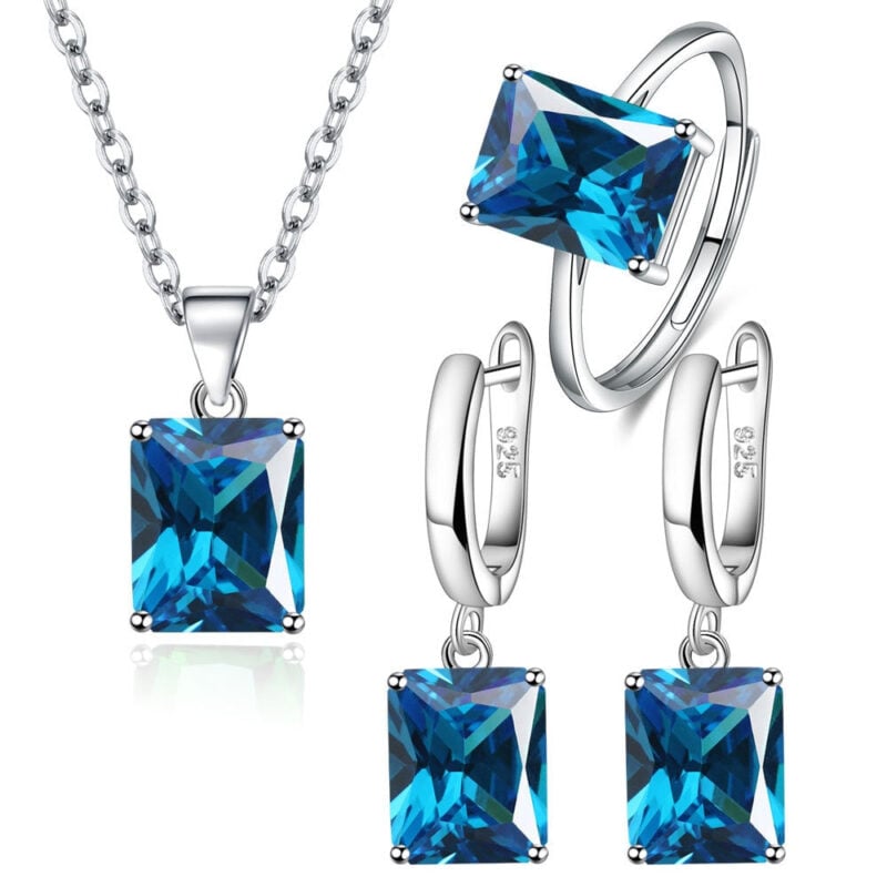 Parure de Bijoux <myopt><span>Argent Sterling 925 plaqué or blanc avec collier, boucles d’oreilles et bague ajustable avec zircons bleus</span></myopt>