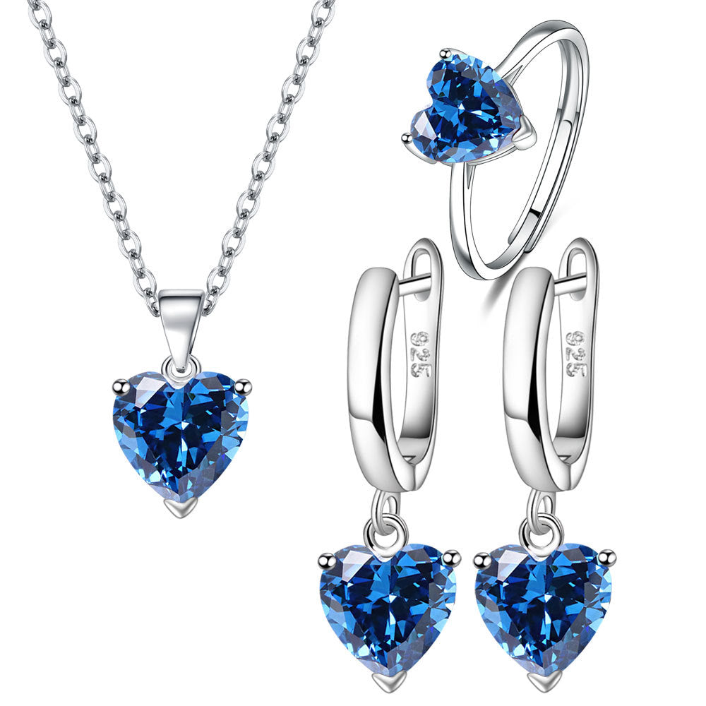 Parure de Bijoux Coeur <myopt><span>Argent Sterling 925 plaqué or blanc avec collier, boucles d’oreilles et bague ajustable avec zircons bleus</span></myopt>