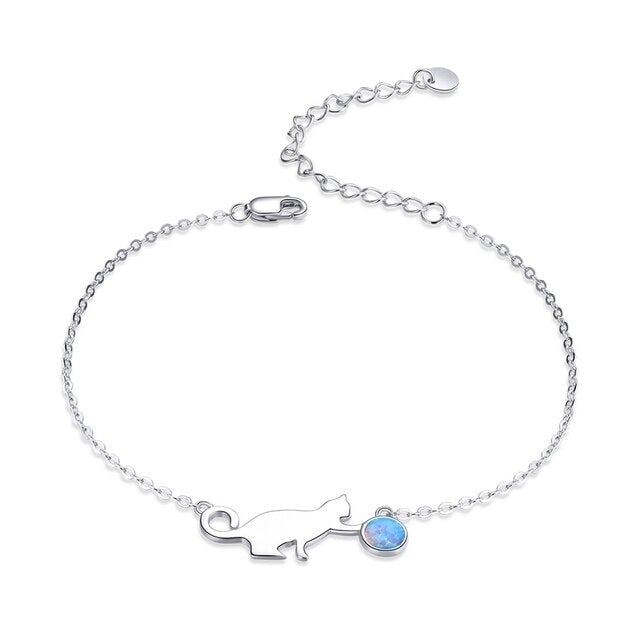 Bracelet Chat qui Joue <myopt><span>Argent Sterling 925 plaqué or blanc avec opale et fermoir ajustable</span></myopt>
