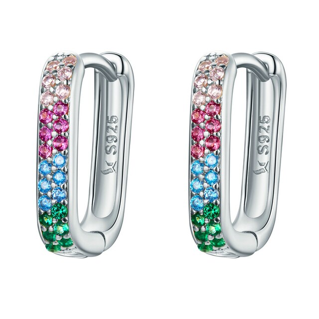 Boucles d'Oreilles Créoles Rectangles <titolo_esteso><span>en argent 925 plaqué or blanc avec zircons colorés</span></titolo_esteso>