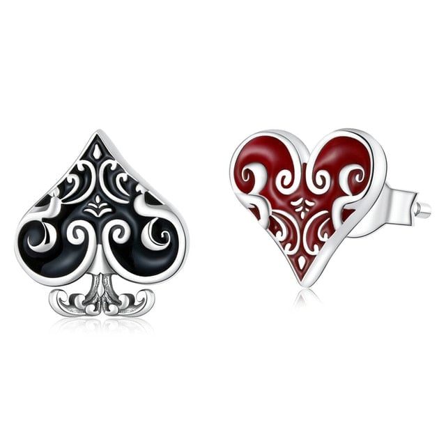 Boucles d'Oreilles Spades et Coeurs de Poker <titolo_esteso><span>en argent 925 plaqué or blanc émaillé à la main</span></titolo_esteso>