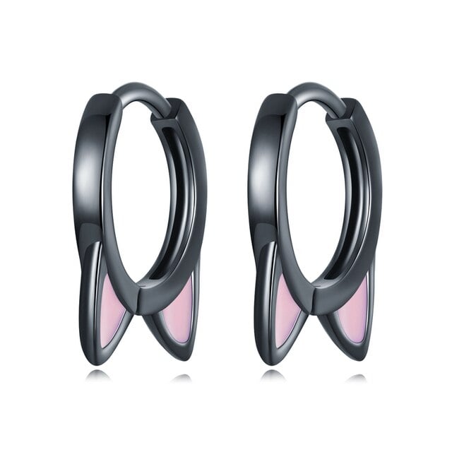 Boucles d’Oreilles Créoles Oreilles de Chat <titolo_esteso><span>en argent 925 plaqué noir émaillé rose</span></titolo_esteso>