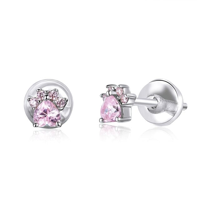 Boucles d'Oreilles Petites Pattes <titolo_esteso><span>en argent 925 plaqué or blanc avec zircons roses</span></titolo_esteso>