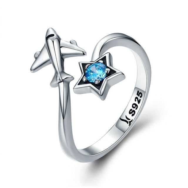 Bague Avion et Étoile <titolo_esteso><span>en argent 925 plaqué or blanc ajustable avec zircon bleu</span></titolo_esteso>