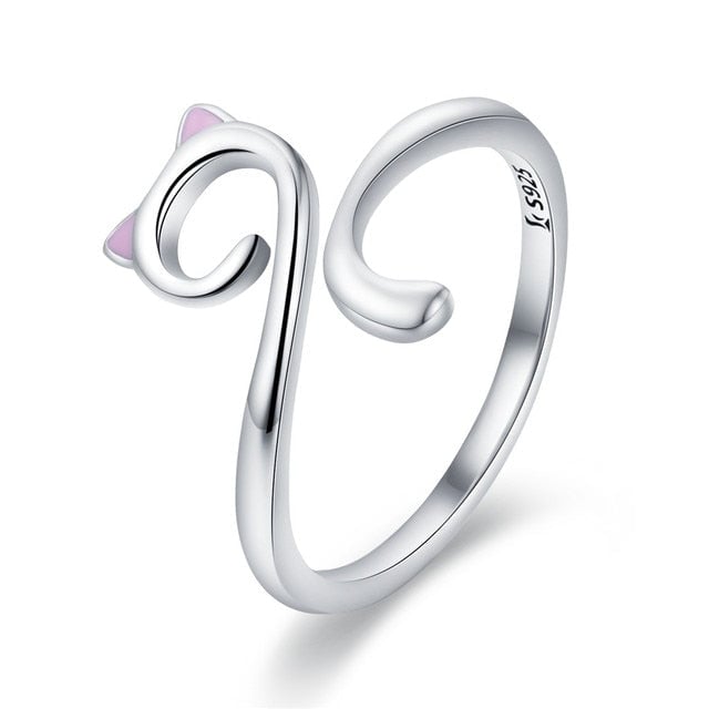 Bague Chat <titolo_esteso><span>en argent 925 plaqué or blanc ajustable avec oreilles émaillées roses</span></titolo_esteso>