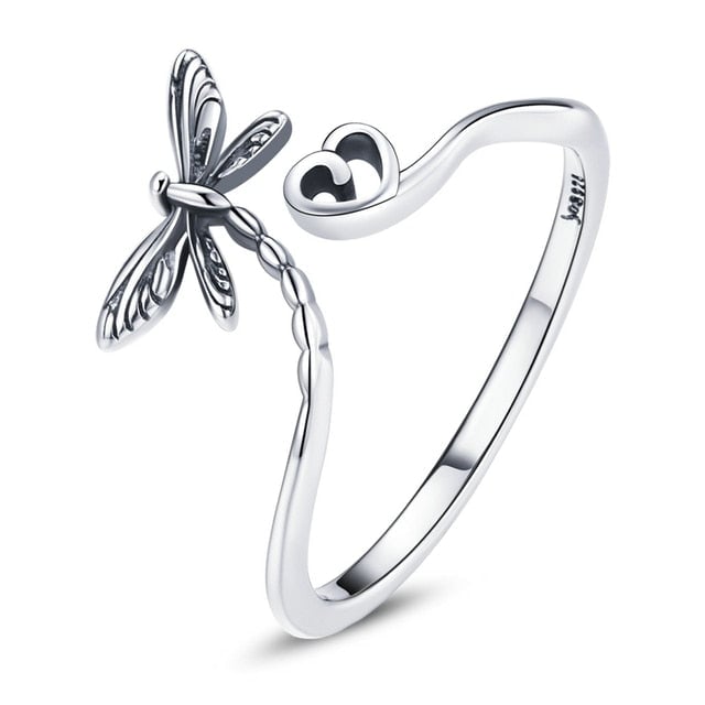 Bague Libellule avec Coeur <titolo_esteso><span>en argent 925 plaqué or blanc ajustable</span></titolo_esteso>
