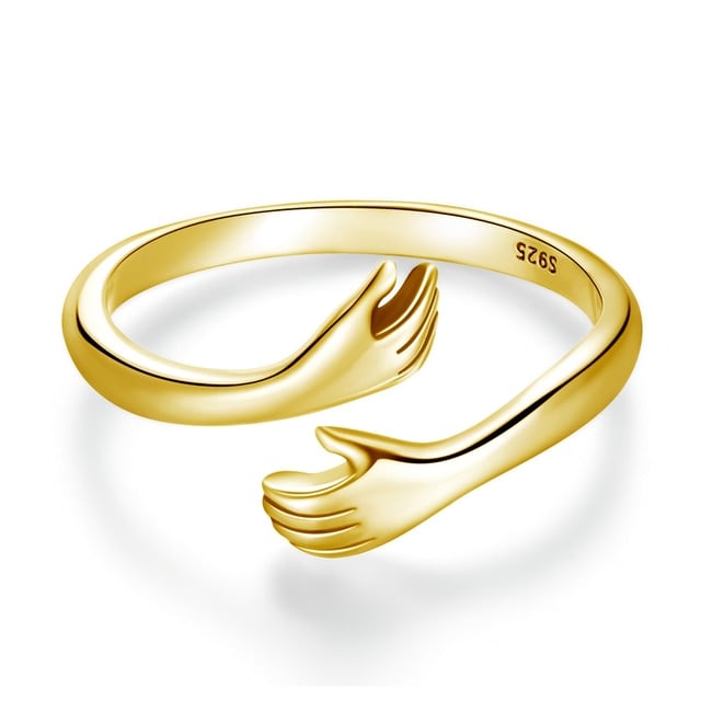 Bague Câlin d'Amour <titolo_esteso><span>en argent 925 plaqué or jaune ajustable avec étreinte et détail des mains</span></titolo_esteso>