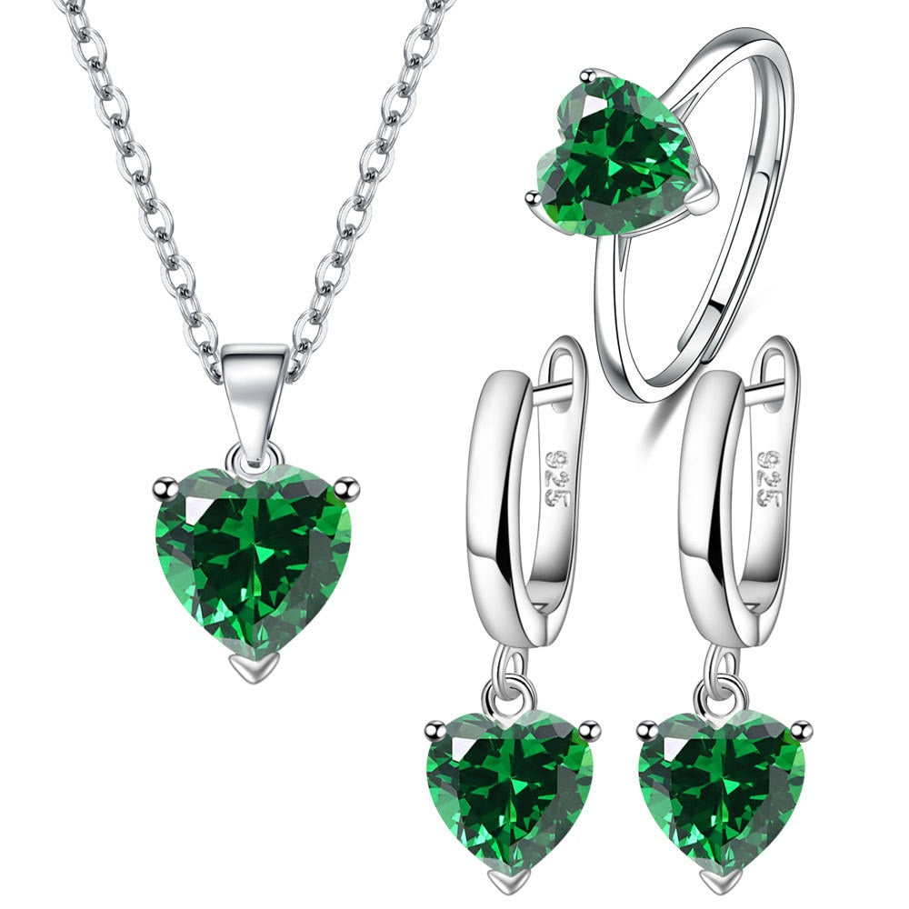 Parure de Bijoux Coeur <myopt><span>Argent Sterling 925 plaqué or blanc avec collier, boucles d’oreilles et bague ajustable avec zircons verts</span></myopt>