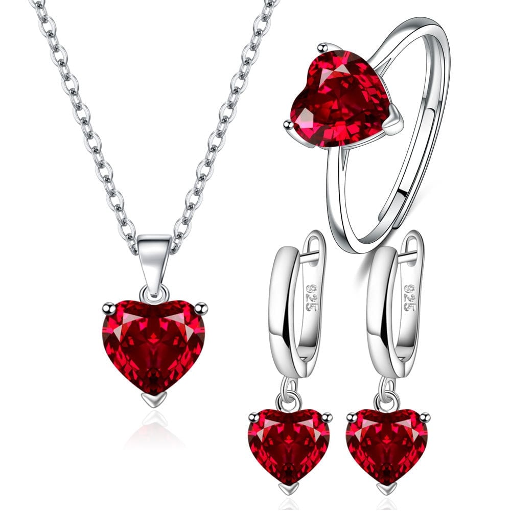 Parure de Bijoux Coeur <myopt><span>Argent Sterling 925 plaqué or blanc avec collier, boucles d’oreilles et bague ajustable avec zircons rouges</span></myopt>