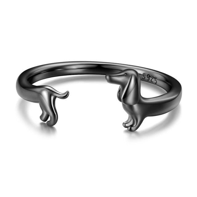 Bague Chien Teckel <myopt><span>Argent Sterling 925 plaqué noir – ajustable</span></myopt>