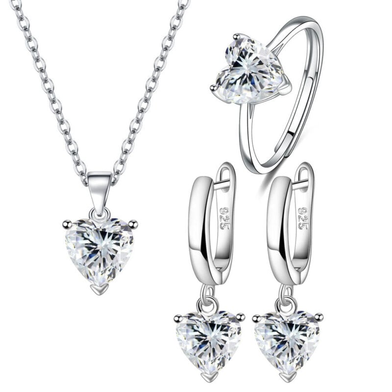 Parure de Bijoux Coeur <myopt><span>Argent Sterling 925 plaqué or blanc avec collier, boucles d’oreilles et bague ajustable avec zircons blancs</span></myopt>