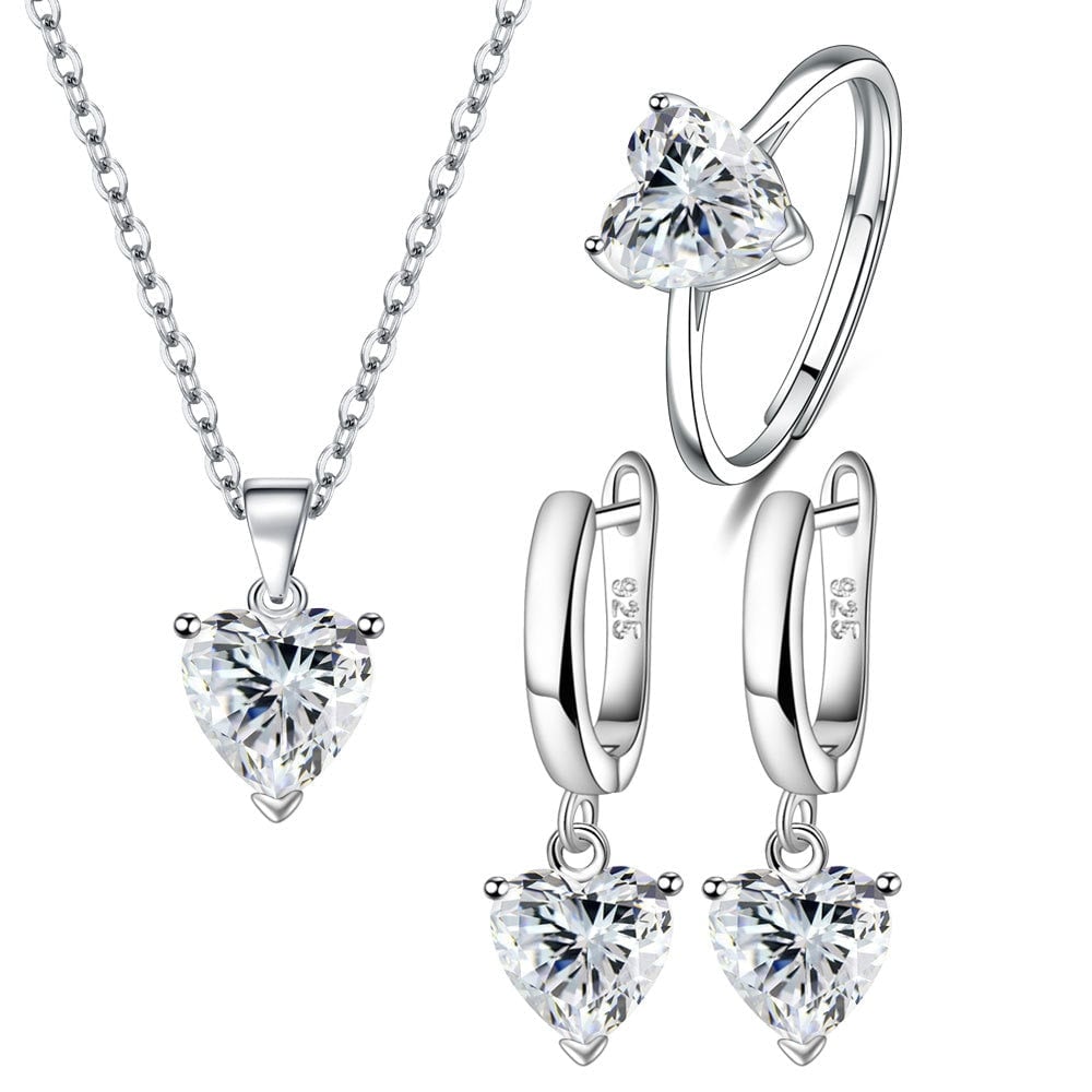 Parure de Bijoux Coeur <myopt><span>Argent Sterling 925 plaqué or blanc avec collier, boucles d’oreilles et bague ajustable avec zircons blancs</span></myopt>