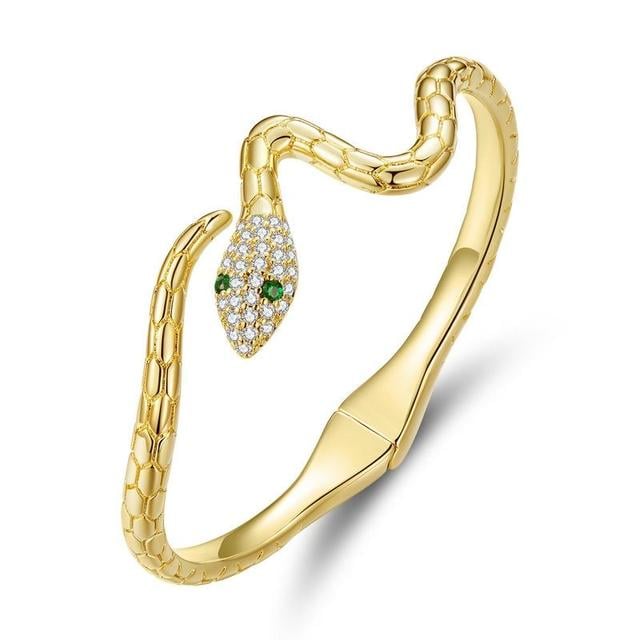 Bracelet Serpent <myopt><span>Jonc en acier inoxydable plaqué or jaune avec pavé de zircons blancs et verts</span></myopt>