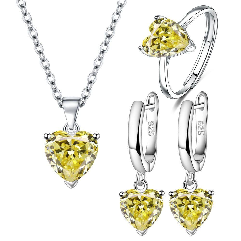Parure de Bijoux Coeur <myopt><span>Argent Sterling 925 plaqué or blanc avec collier, boucles d’oreilles et bague ajustable avec zircons jaunes</span></myopt>